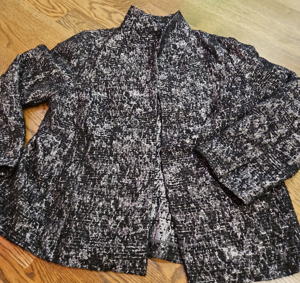 Eileen Fisher Women’s Jacquard Open Front Jacket Blazer L Black Silver